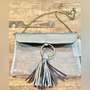 Large Clear bag with tassel brass clip crossbody & leather for stadiums.